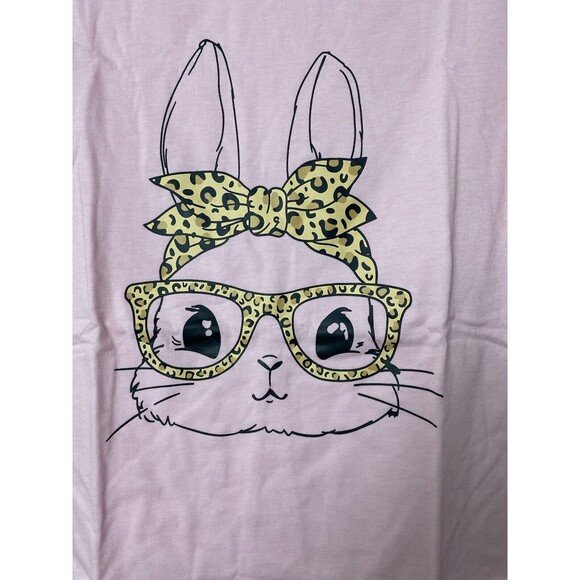 Bunny T-Shirt Women's Size M Pink Leopard Glasses Easter Bunny Graphic Tee - Picture 8 of 11